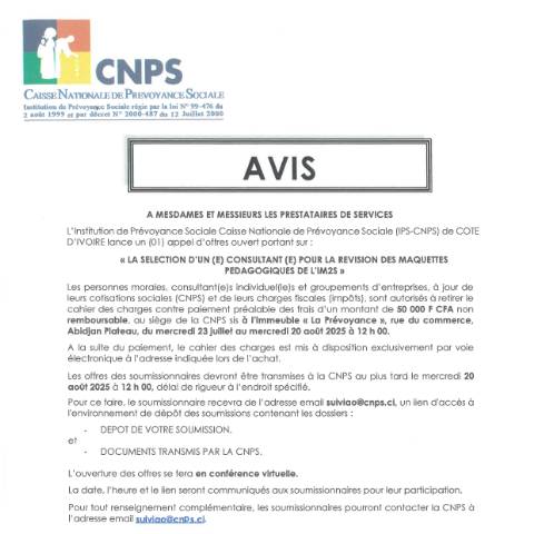 Aperçu du document APPEL D’OFFRE POUR LA SELECTION D’UN (E) CONSULTANT (E) POUR LA REVISION DES MAQUETTES PEDAGOGIQUES DE L’IM2S — Document CNPS (prévoyance sociale), Côte d'Ivoire