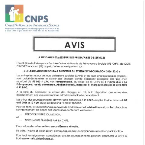 Aperçu du document APPEL D’OFFRE POUR L’ELABORATION DU SCHEMA DIRECTEUR DU SYSTEME D’INFORMATION 2026-2030 — Document CNPS (prévoyance sociale), Côte d'Ivoire