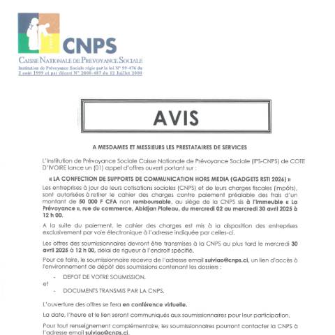 Aperçu du document APPEL D’OFFRE POUR LA CONFECTION DE SUPPORTS DE COMMUNICATION HORS MEDIA (GADGETS RSTI 2026) — Document CNPS (prévoyance sociale), Côte d'Ivoire