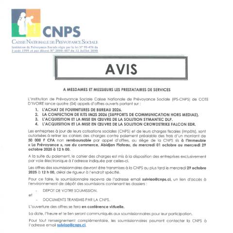 Aperçu du document QUATRE APPELS D’OFFRE SUR — Document CNPS (prévoyance sociale), Côte d'Ivoire