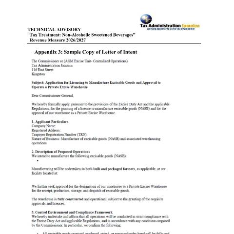 Document preview: Appendix 3 - Letter of Intent — Document, Jamaica (CERFA n°Appendix+3+-+Sample+Copy+Letter+of+Intent)