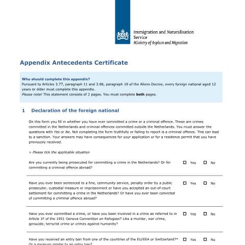 Documentvoorvertoning: Appendix Antecedents Certificate — IND — immigratie, Nederland (CERFA n°7601)
