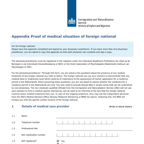Documentvoorvertoning: Appendix Proof of medical situation of foreign national — IND — immigratie, Nederland (CERFA n°7615)