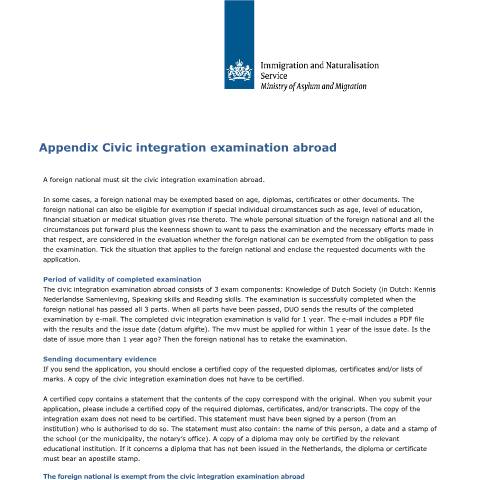Documentvoorvertoning: Appendix Civic integration examination abroad — IND — immigratie, Nederland (CERFA n°7606)