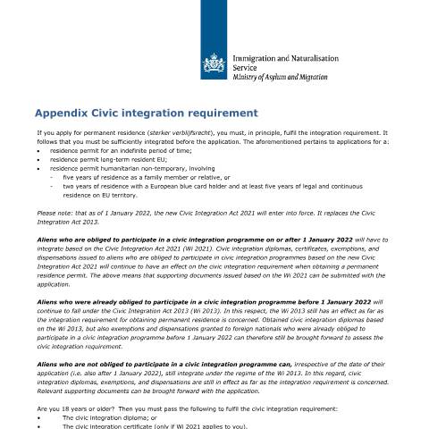 Documentvoorvertoning: Appendix Civic integration requirement — IND — immigratie, Nederland (CERFA n°7616)