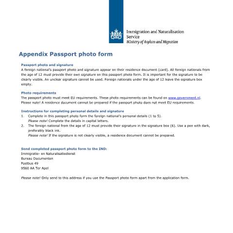 Documentvoorvertoning: Appendix Passport photo form — IND — immigratie, Nederland (CERFA n°7630)