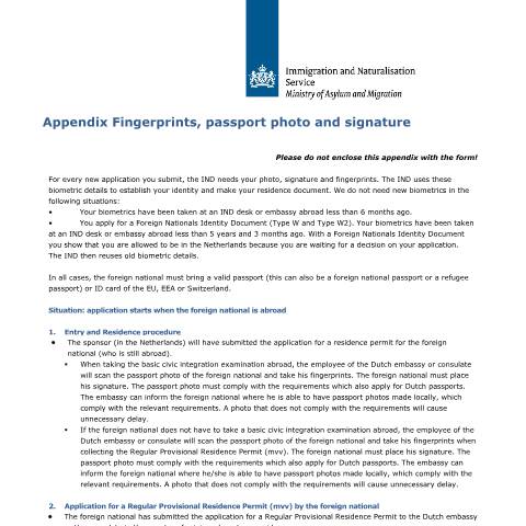 Documentvoorvertoning: Appendix Fingerprints, passport photo and signature — IND — immigratie, Nederland (CERFA n°7602)