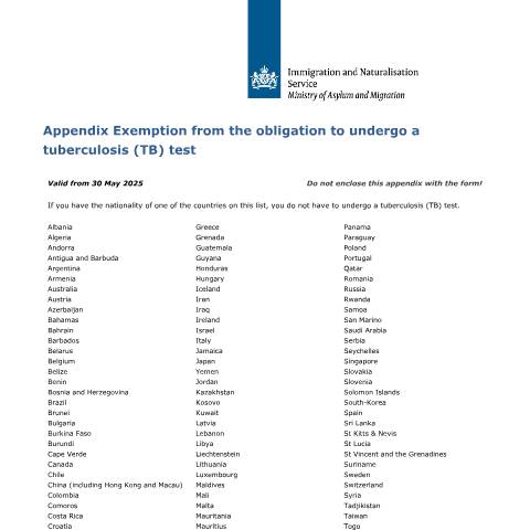 Documentvoorvertoning: Appendix Exemption from the obligation to undergo a tuberculosis (TB) test — IND — immigratie, Nederland (CERFA n°7644)