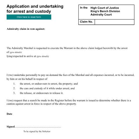Document preview: Application and undertaking for arrest and custody: Form ADM4 — HM Courts & Tribunals Service, United Kingdom