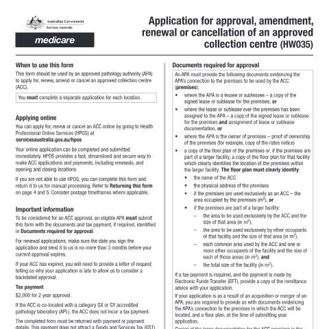 Document preview: Application for approval, amendment, renewal or cancellation of an approved collection centre form (HW035) — Services Australia — Health professionals, Australia (CERFA n°HW035)