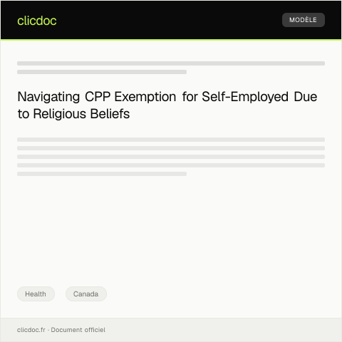 Document preview: Application to Exempt Self-Employed Earnings from CPP for Religious Reasons — Health, Canada