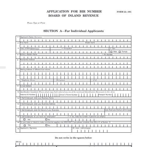 Document preview: [IA 001] Application for a BIR Number - Section A, for individual applicants — Form, Trinidad & Tobago (CERFA n°IA001)