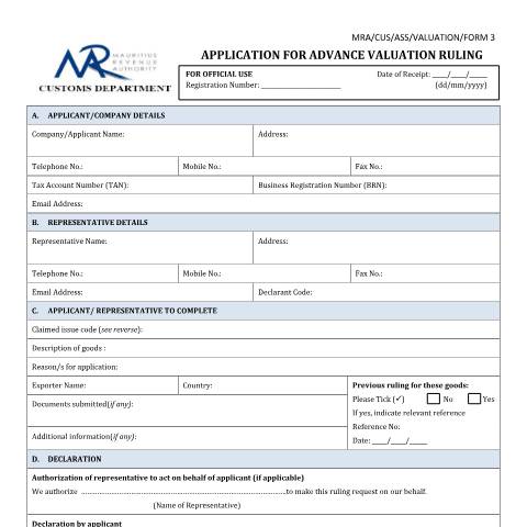Document preview: Application for Advance Valuation Ruling — Form, Mauritius (CERFA n°AdvanceValuationRuling)