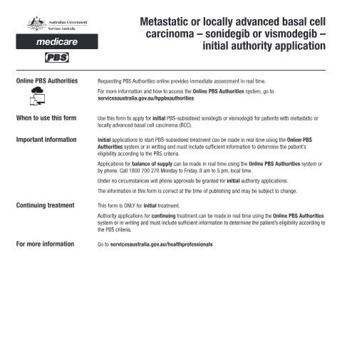 Document preview: Metastatic or locally advanced basal cell carcinoma - sonidegib or vismodegib - initial authority application form (PB206) — Services Australia — Health professionals, Australia (CERFA n°PB206)