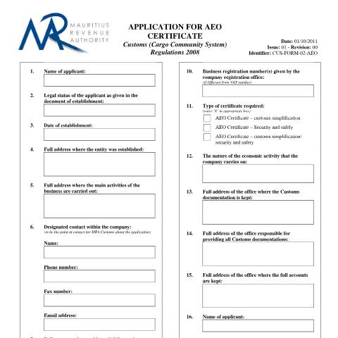 Document preview: Application Form for AEO — Form, Mauritius (CERFA n°AEOApplicationForm)