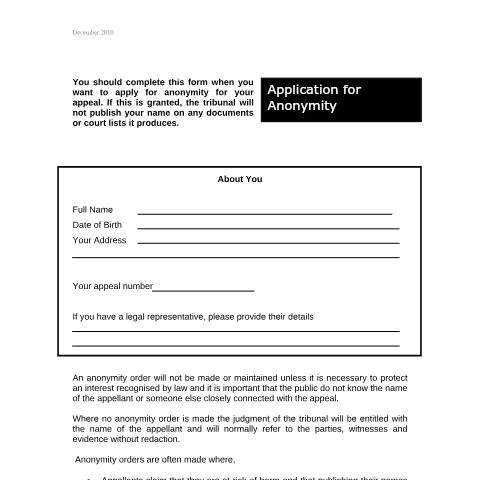 Document preview: Form: Application for anonymity (UTIAC) — HM Courts & Tribunals Service, United Kingdom