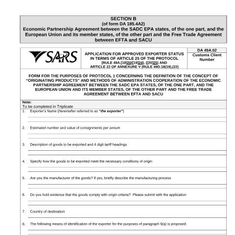 Document preview: DA 49A 02 – Application for approved exporter status – External Form — PDF Forms, South Africa (CERFA n°DA 49A 02)