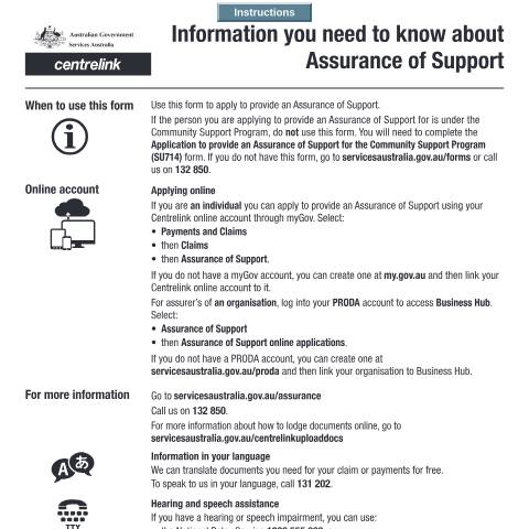 Document preview: Application to provide an Assurance of Support — Services Australia — Individuals (by code), Australia (CERFA n°SU594)