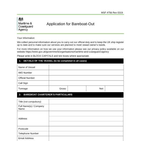 Document preview: Application for Bareboat Out MSF 4756 — Maritime and Coastguard Agency, United Kingdom