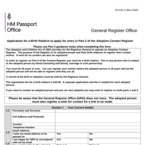 Document preview: Application for a birth relative to apply for entry onto part 2 of the adoption contact register — HM Passport Office, United Kingdom