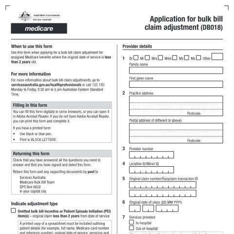 Document preview: Application for bulk bill claim adjustment form (DB018) — Services Australia — Health professionals, Australia (CERFA n°DB018)