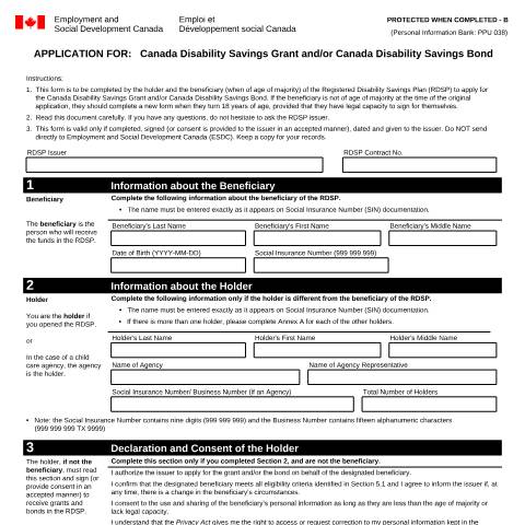 Document preview: Application for Canada Disability Savings Grant and/or Canada Disability Savings Bond — Employment Programs, Canada (CERFA n°EMP5608)