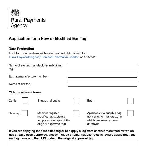 Document preview: Apply to make, modify or supply an ear tag — British Cattle Movement Service, United Kingdom