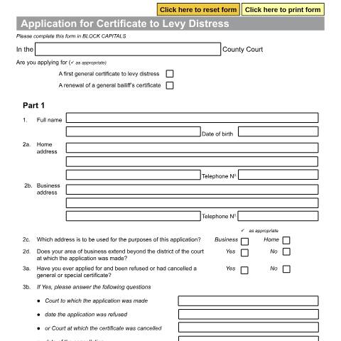 Document preview: Form Rent 3: Application for Certificate to Levy Distress — HM Courts & Tribunals Service, United Kingdom