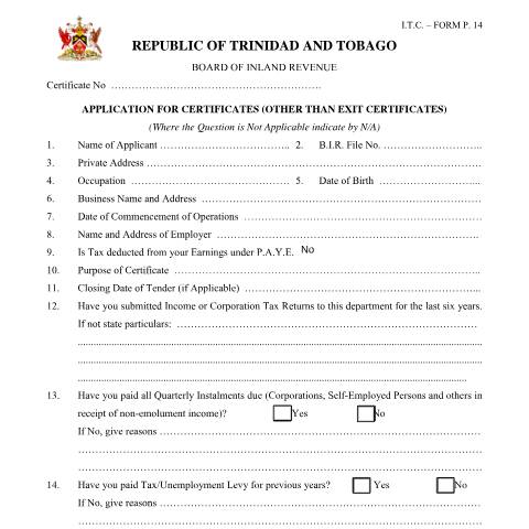 Document preview: [P 14] Application for certificates other than exit certificates — Form, Trinidad & Tobago (CERFA n°P14)