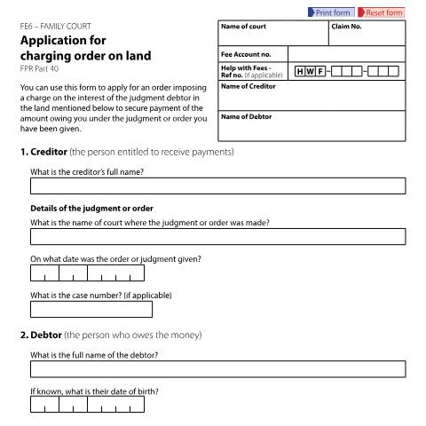 Document preview: Form FE6: Application for charging Order on land or property — HM Courts & Tribunals Service, United Kingdom
