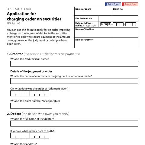 Document preview: Application for charging order on securities: Form FE7 — HM Courts & Tribunals Service, United Kingdom