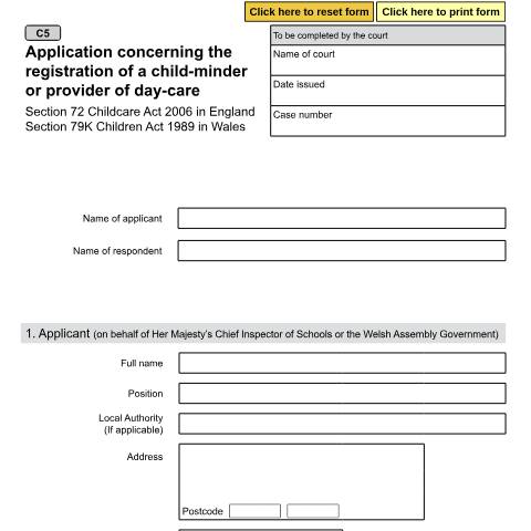 Document preview: Application concerning the registration of a child-minder or provider of day-care: Form C5 — HM Courts & Tribunals Service, United Kingdom