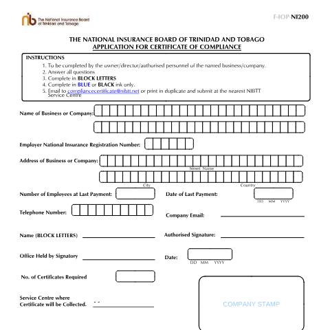 Document preview: NI200-Application for Compliance — Form, Trinidad & Tobago (CERFA n°NI200-Application for Compliance)