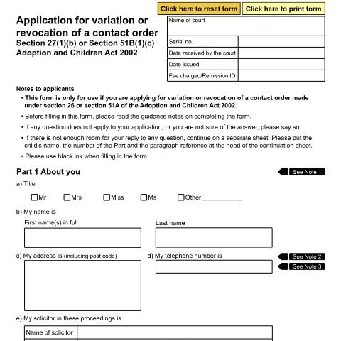 Document preview: Application for variation or revocation of a Contact Order (Section 27(1)(b) or Section 51B(1)(c) Adoption and Children Act 2002): Form A54 — HM Courts & Tribunals Service, United Kingdom
