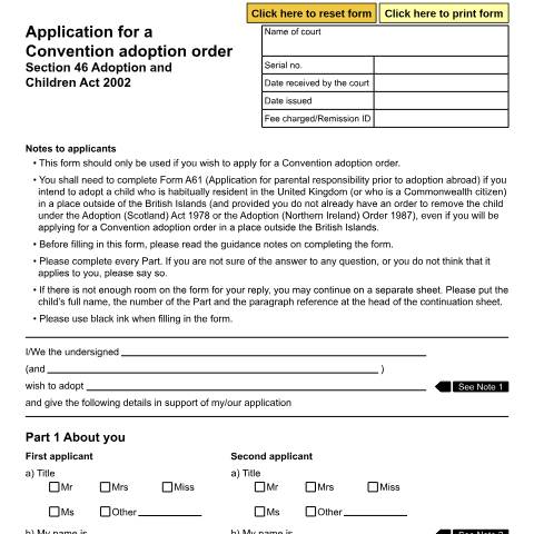 Document preview: Application for a Convention Adoption Order (Section 46 Adoption and Children Act 2002): Form A59 — HM Courts & Tribunals Service, United Kingdom