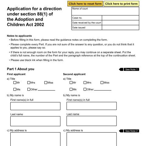 Document preview: Form A62: Application for a direction under section 88(1) of the Adoption and Children Act 2002 — HM Courts & Tribunals Service, United Kingdom