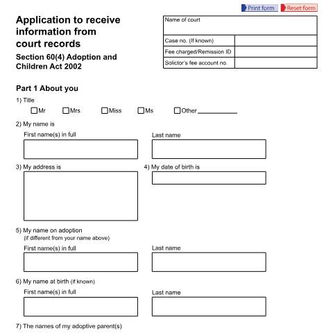 Document preview: Form A64: Application to receive information from court records Section 60(4) Adoption and Children Act 2002 — HM Courts & Tribunals Service, United Kingdom