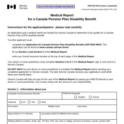 Document preview: Mexico/Canada Agreement - Application for CPP Disability Benefits — Income Security Programs, Canada (CERFA n°ISP5053-MEX)