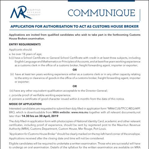 Document preview: Application for authorisation to act as Customs Broker (10.04.19) — Form, Mauritius (CERFA n°CustomsBroker100419)