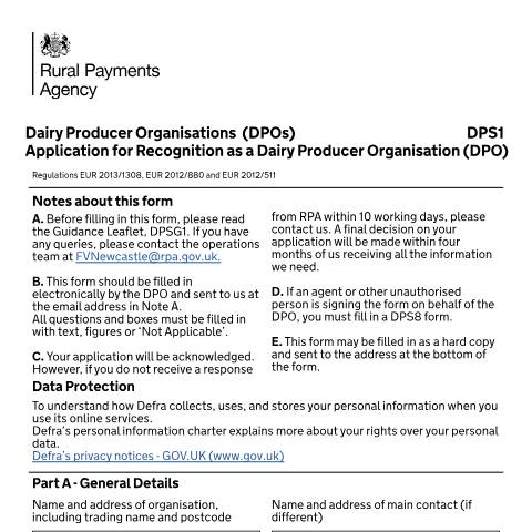 Document preview: Application form for Recognition as a Dairy Producer Organisation DPS1 — Rural Payments Agency, United Kingdom