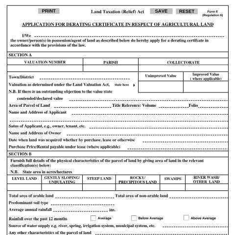 Document preview: Application For Derating In Respect Of Agricultural Land — Form, Jamaica (CERFA n°app_derating_cert_agri_land)