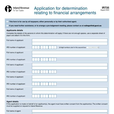 Document preview: Application for determination relating to financial arrangements — Managing my tax, New Zealand (CERFA n°IR735)