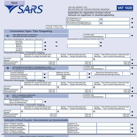 Document preview: VAT102D – Application for Registration of Diesel Refund – External Form — PDF Forms, South Africa (CERFA n°VAT102D)