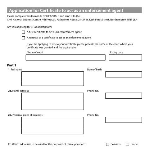 Document preview: Application for a certificate to act as an enforcement agent: Form EAC1 — HM Courts & Tribunals Service, United Kingdom