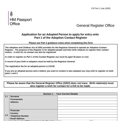 Document preview: Application for an adopted person to apply for entry onto part 1 of the adoption contact register — HM Passport Office, United Kingdom