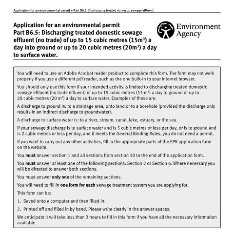 Document preview: Application for an environmental permit: part B6.5 discharge treated domestic sewage effluent to ground or surface water — Environment Agency, United Kingdom
