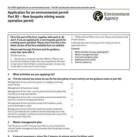 Document preview: Application for an environmental permit: part B5 new bespoke mining waste operation — Environment Agency, United Kingdom
