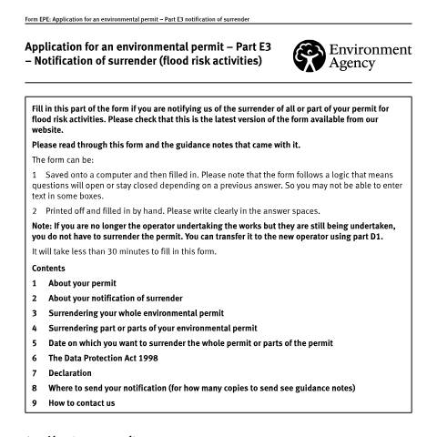 Document preview: Application for an environmental permit: part E3 notification of surrender — Environment Agency, United Kingdom