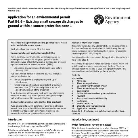 Document preview: Form EPB: application for an environmental permit: part B6.6 existing small sewage discharges to ground within a source protection zone 1 — Environment Agency, United Kingdom