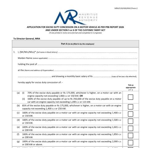 Document preview: Application for excise duty concession on a motor vehicle as per PRB Report 2026 and under section 5 or 6 of the Customs Tariff Act — Form, Mauritius (CERFA n°MRA-CUS-ASS-MVC-Form2)